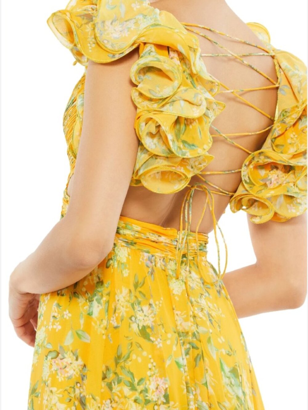 Mac Duggal Yellow Ruffle Tiered Floral Cut-Out Chiffon Dress Size 0 - Picture 7 of 7